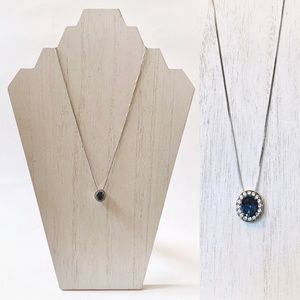 VTG Sterling 925 AU Indigo Blue Oval Halo Crystal Pendant Necklace